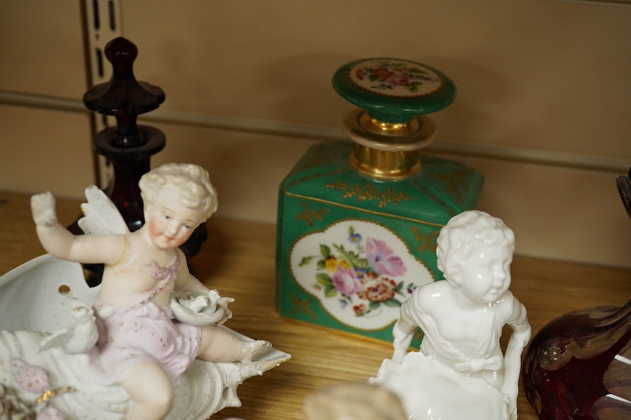 Sundry china and glass to include a red flashed glass scent bottle, a green glazed porcelain example and a Meissen second bird dish, largest 22cm wide. Condition - mostly fair, some minor breaks